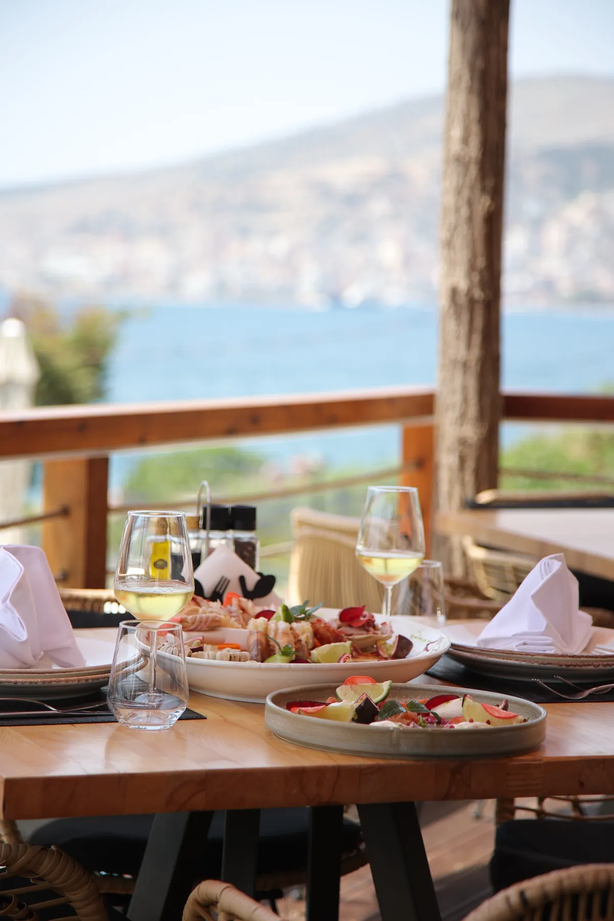 Fresh seafood platter served on the terrace overlooking the Ionian Sea