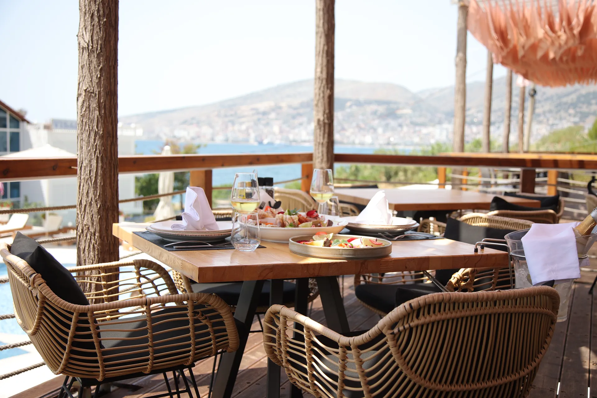 Harbour Hotel restaurant terrace overlooking Saranda bay and the Ionian Sea